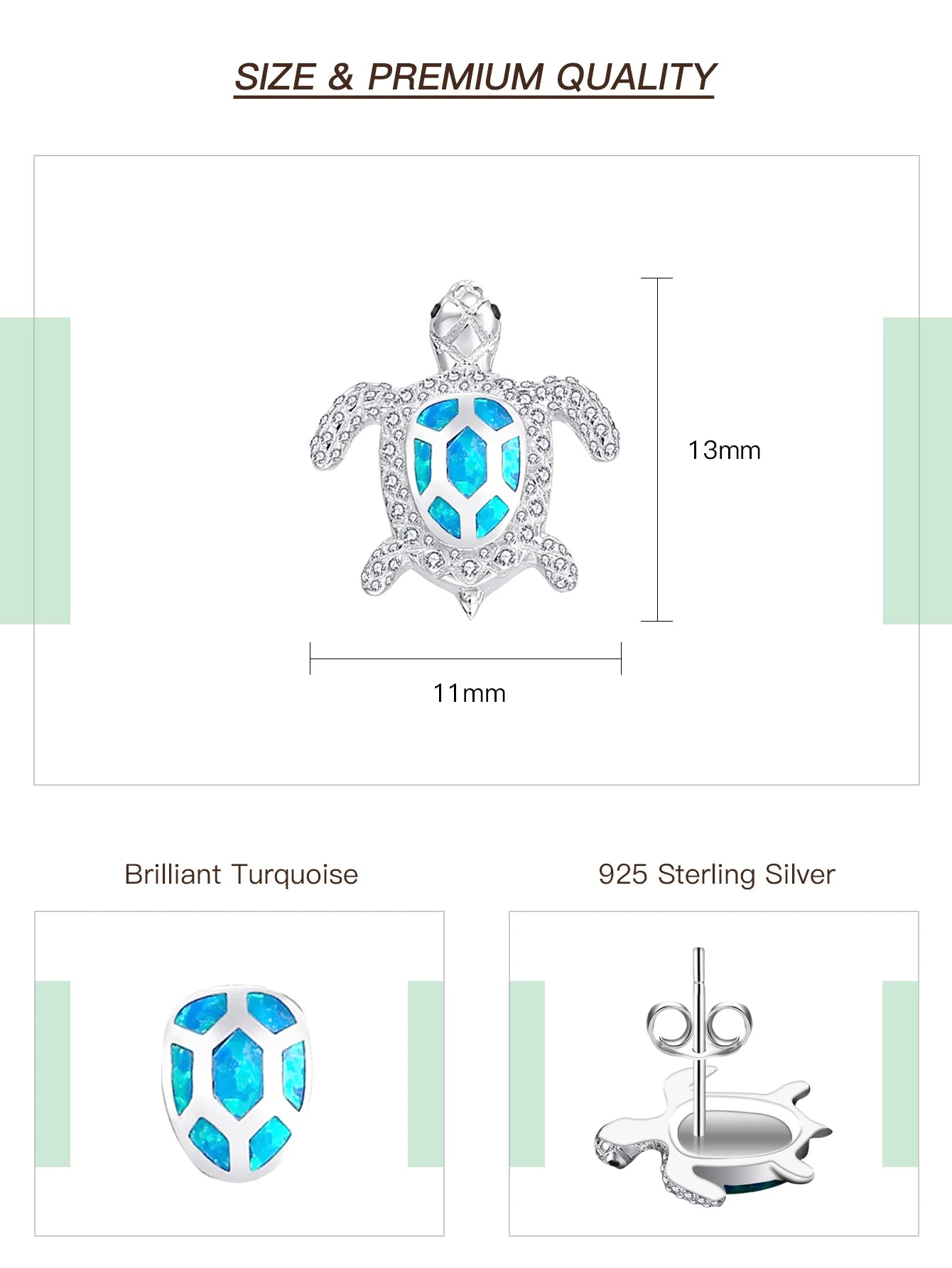 Fine Jewelry Ocean Animal Cute Turtle Stud Earring 925 Sterling Silver Sea Turtle Turquoise VVS Moissanite Stud Earrings