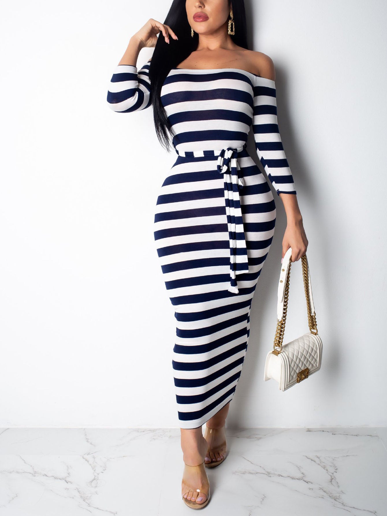 [Off Shoulder Striped Dress] Stretchy Off Shoulder Striped Dress - Casual Long Sleeve Every Day Dress for Women
