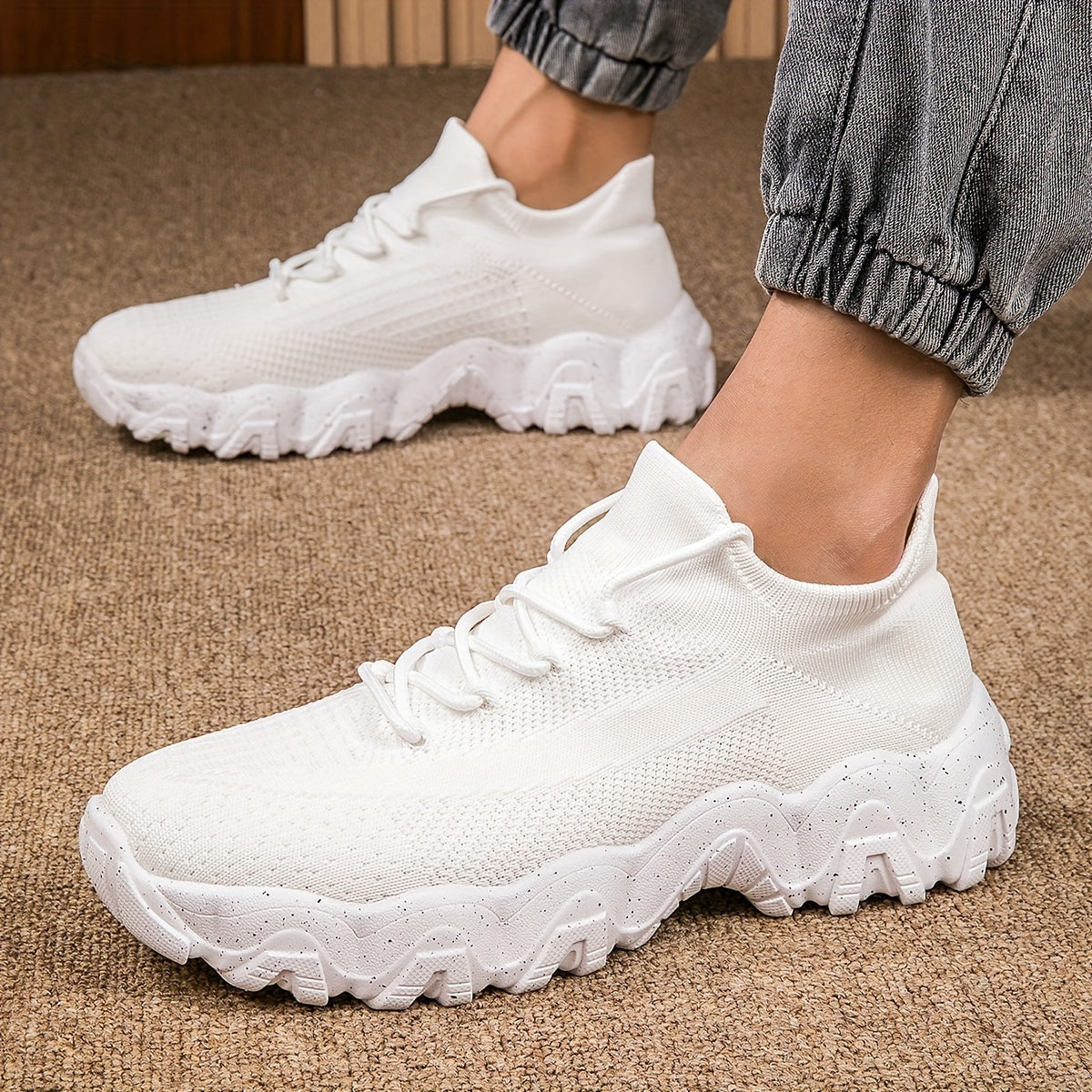 Men's Casual Sneakers - Geometric Pattern, Breathable Knit Upper, Lace-Up Closure, Durable Rubber Sole, Comfortable Fabric Lining for Spring Sports & Casual Attire, Athletic Footwear | Geometric Pattern Shoes | Knit Construct