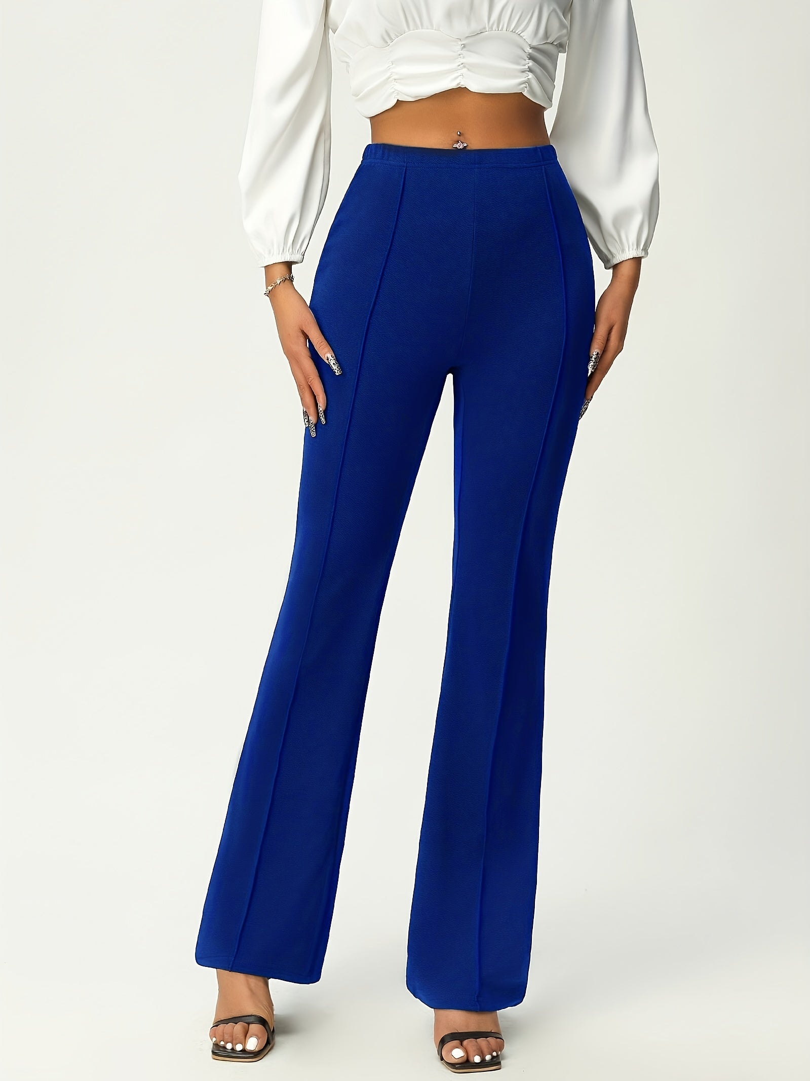 [Vibrant Flare Pants] Vibrant Blue Women's High-Waist Flare Pants | Elastic Waist, Wide-Leg Design, Comfortable Fashion, Perfect for Casual Outings - Flared Leg Pants