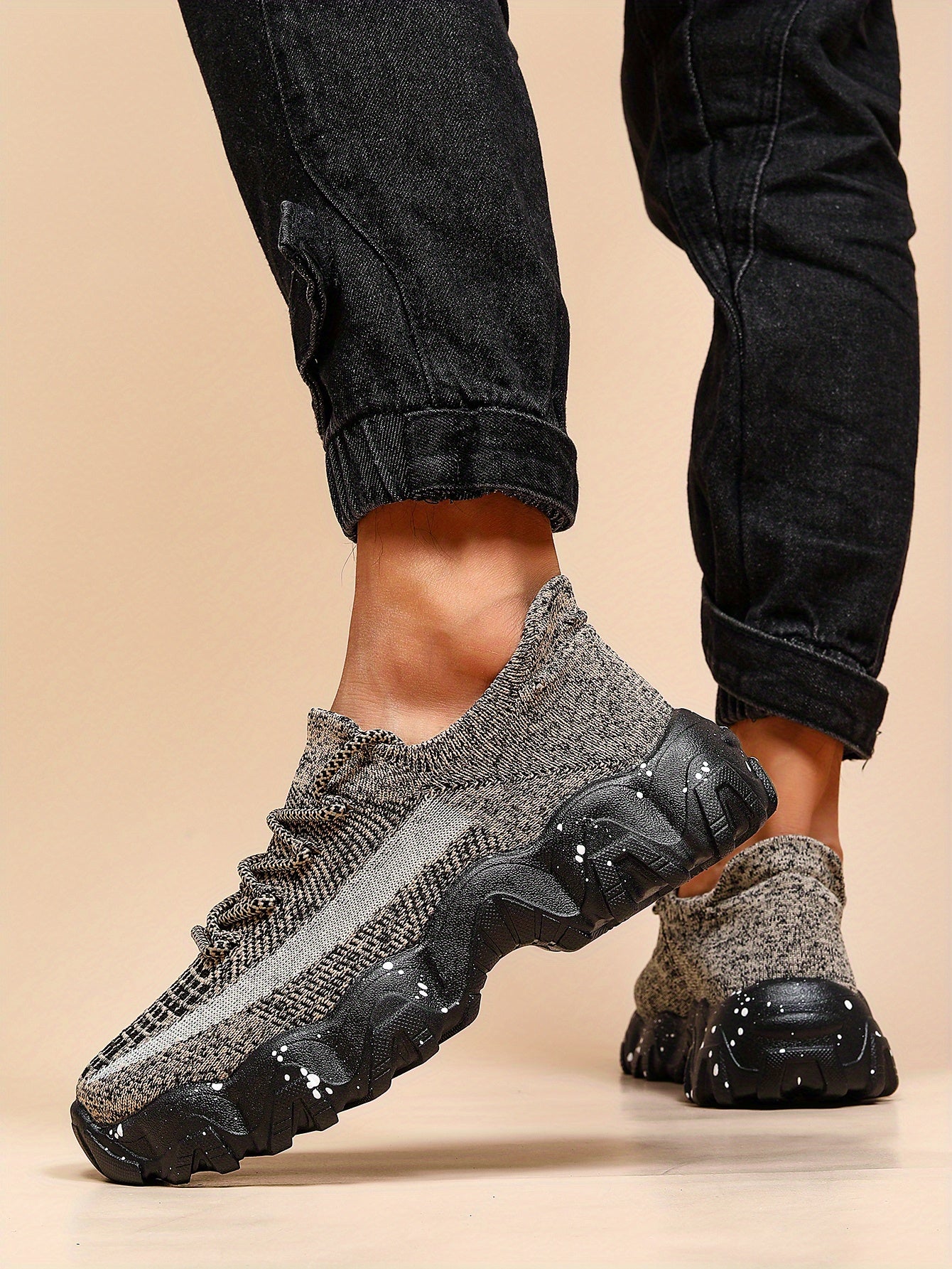 Men's Casual Sneakers - Geometric Pattern, Breathable Knit Upper, Lace-Up Closure, Durable Rubber Sole, Comfortable Fabric Lining for Spring Sports & Casual Attire, Athletic Footwear | Geometric Pattern Shoes | Knit Construct