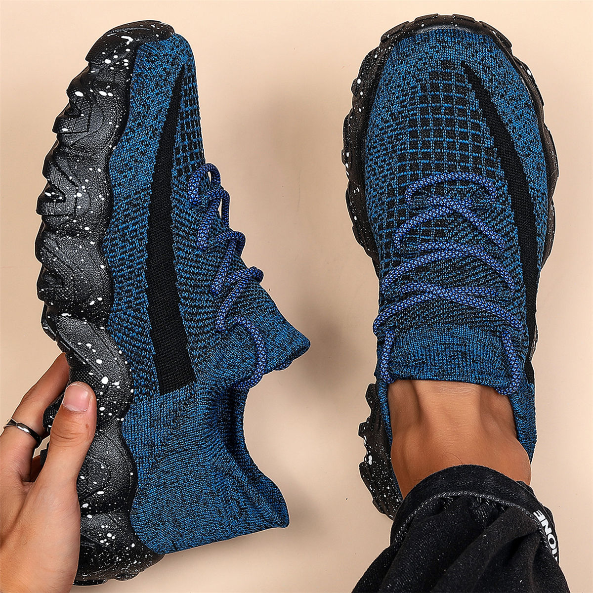 Men's Casual Sneakers - Geometric Pattern, Breathable Knit Upper, Lace-Up Closure, Durable Rubber Sole, Comfortable Fabric Lining for Spring Sports & Casual Attire, Athletic Footwear | Geometric Pattern Shoes | Knit Construct