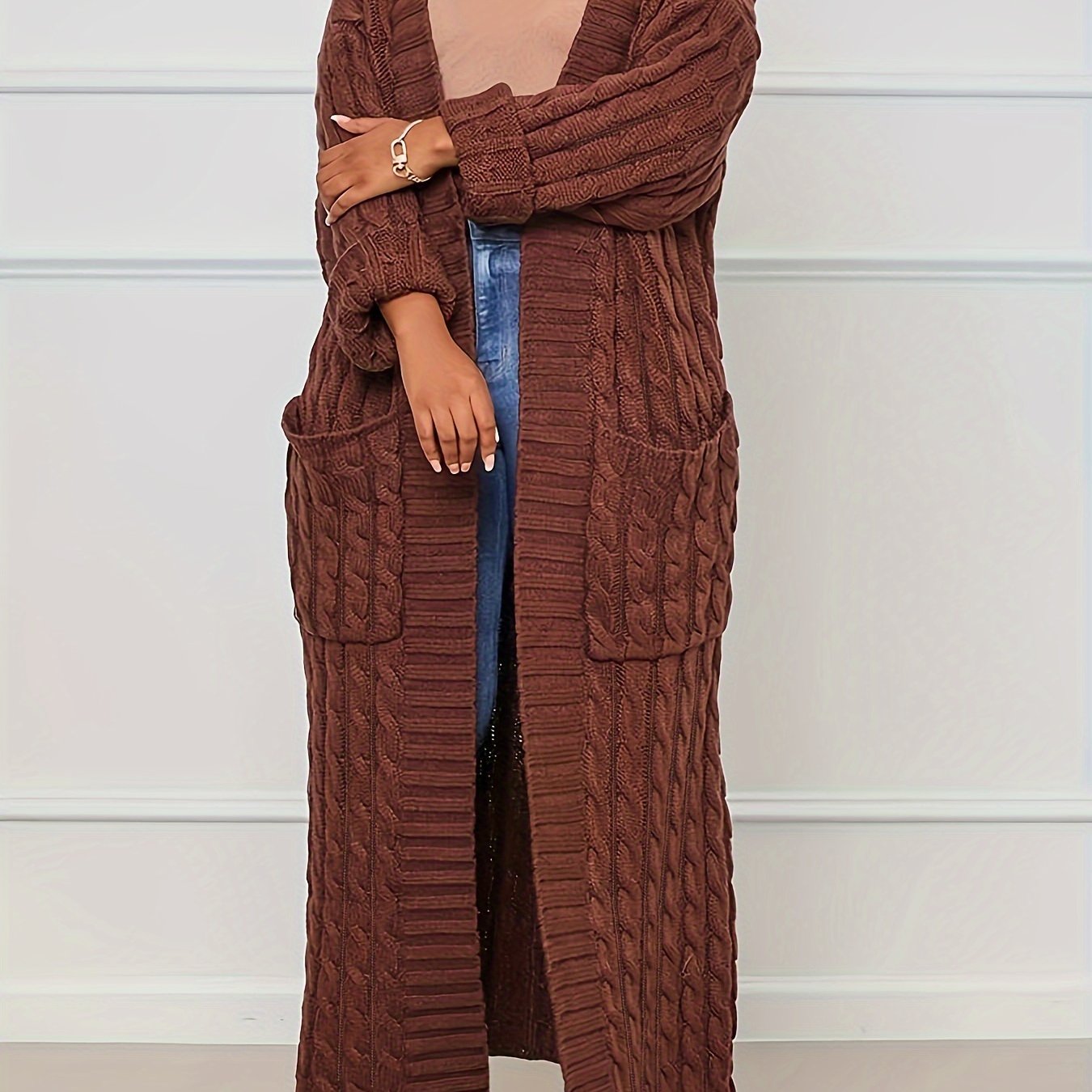 [Elegant Brown Cardigan] Plus Size Women's Elegant Long Sleeve Cardigan | Oversized Solid Brown Sweater with Contrast Collar | Thick & Comfortable Fall/Winter Layering Piece | 2022 Autumn Winter Apparel | Construction, Sweate