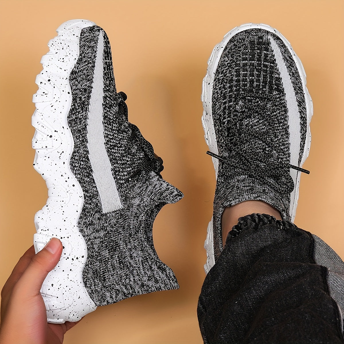 Men's Casual Sneakers - Geometric Pattern, Breathable Knit Upper, Lace-Up Closure, Durable Rubber Sole, Comfortable Fabric Lining for Spring Sports & Casual Attire, Athletic Footwear | Geometric Pattern Shoes | Knit Construct