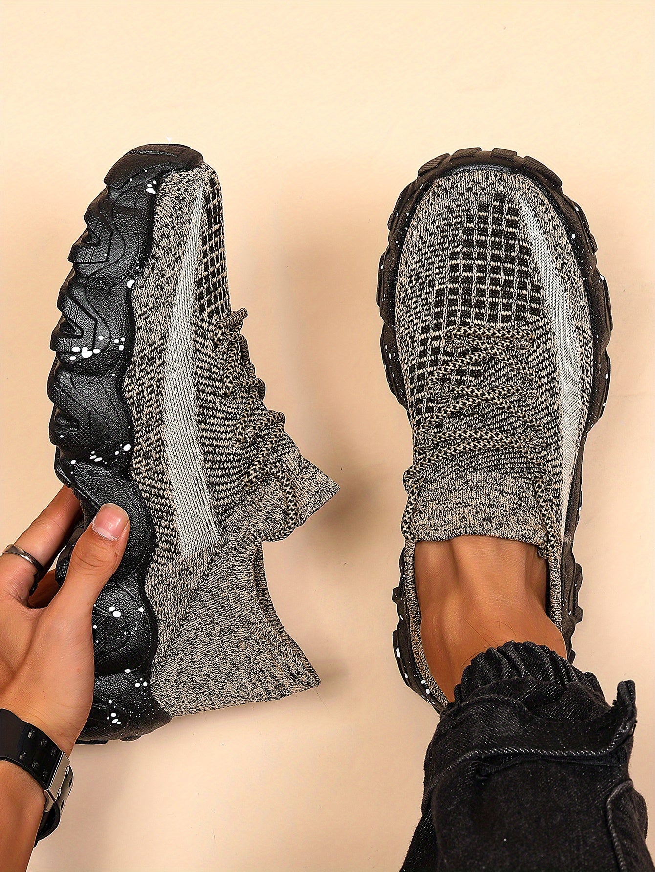 Men's Casual Sneakers - Geometric Pattern, Breathable Knit Upper, Lace-Up Closure, Durable Rubber Sole, Comfortable Fabric Lining for Spring Sports & Casual Attire, Athletic Footwear | Geometric Pattern Shoes | Knit Construct