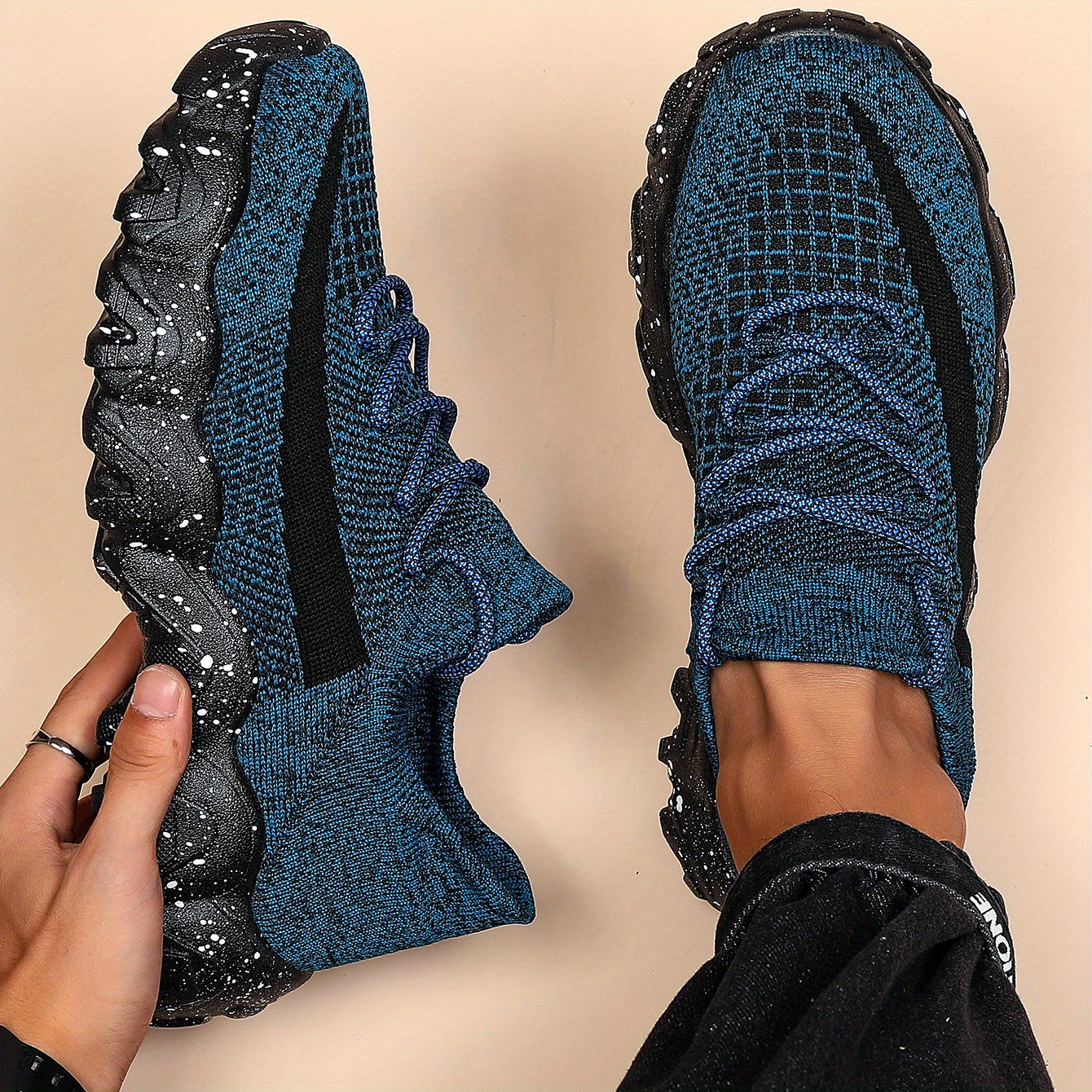 Men's Casual Sneakers - Geometric Pattern, Breathable Knit Upper, Lace-Up Closure, Durable Rubber Sole, Comfortable Fabric Lining for Spring Sports & Casual Attire, Athletic Footwear | Geometric Pattern Shoes | Knit Construct