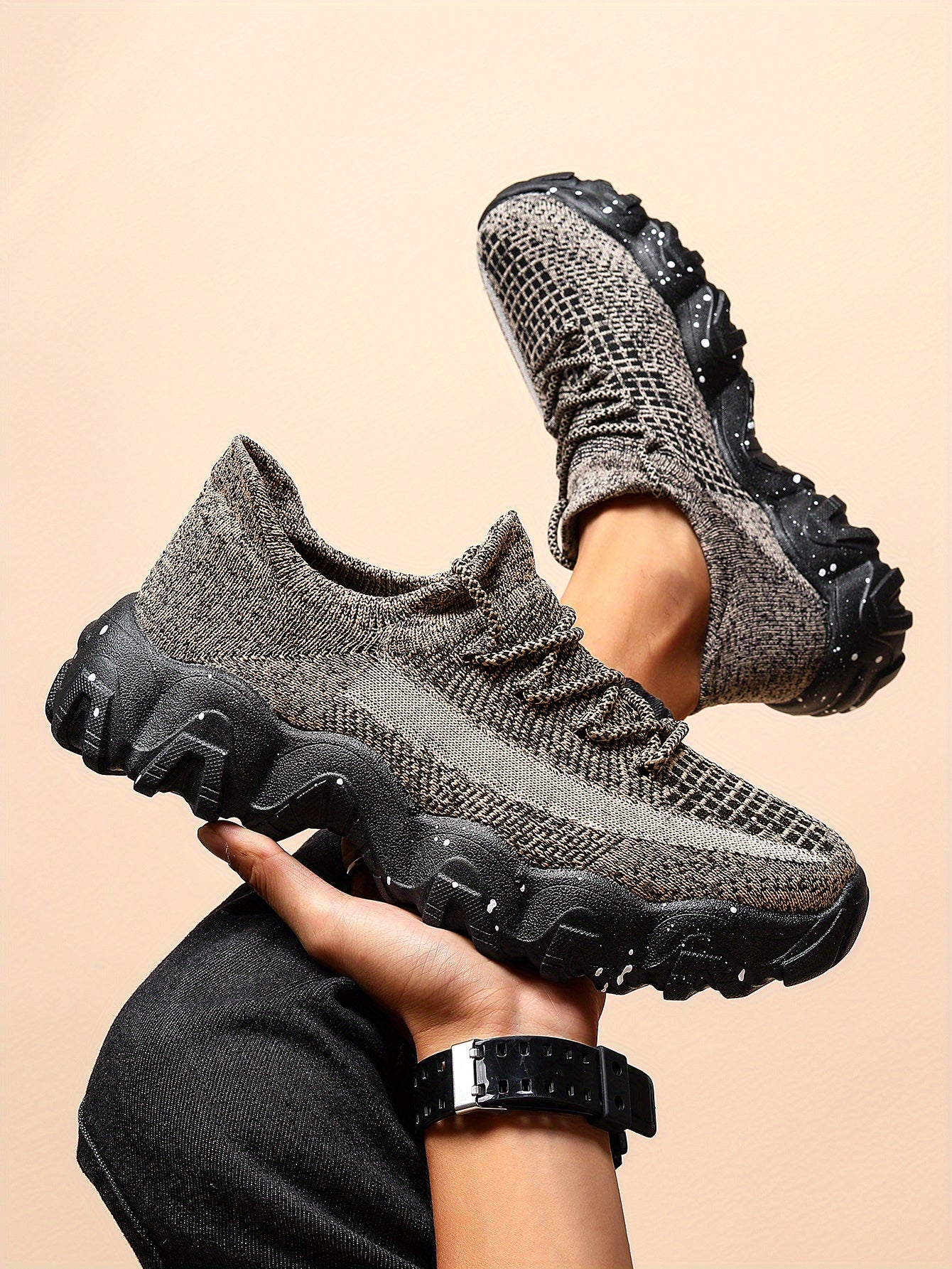 Men's Casual Sneakers - Geometric Pattern, Breathable Knit Upper, Lace-Up Closure, Durable Rubber Sole, Comfortable Fabric Lining for Spring Sports & Casual Attire, Athletic Footwear | Geometric Pattern Shoes | Knit Construct
