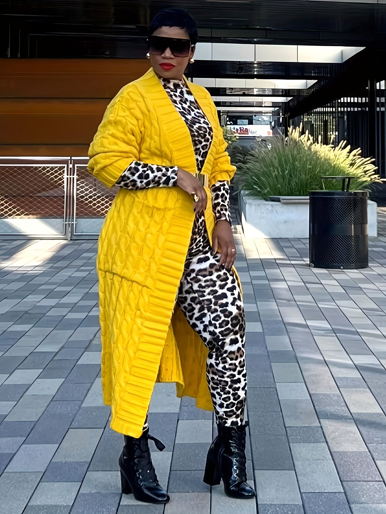 [Elegant Brown Cardigan] Plus Size Women's Elegant Long Sleeve Cardigan | Oversized Solid Brown Sweater with Contrast Collar | Thick & Comfortable Fall/Winter Layering Piece | 2022 Autumn Winter Apparel | Construction, Sweate