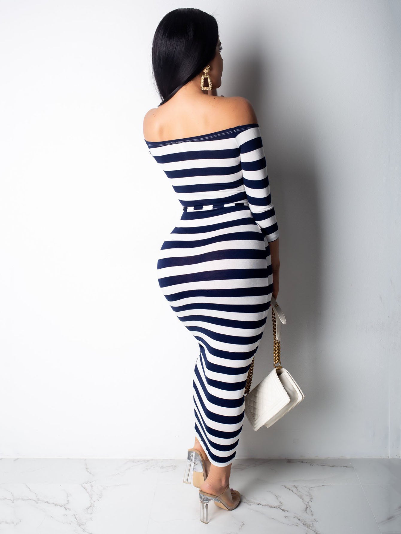 [Off Shoulder Striped Dress] Stretchy Off Shoulder Striped Dress - Casual Long Sleeve Every Day Dress for Women
