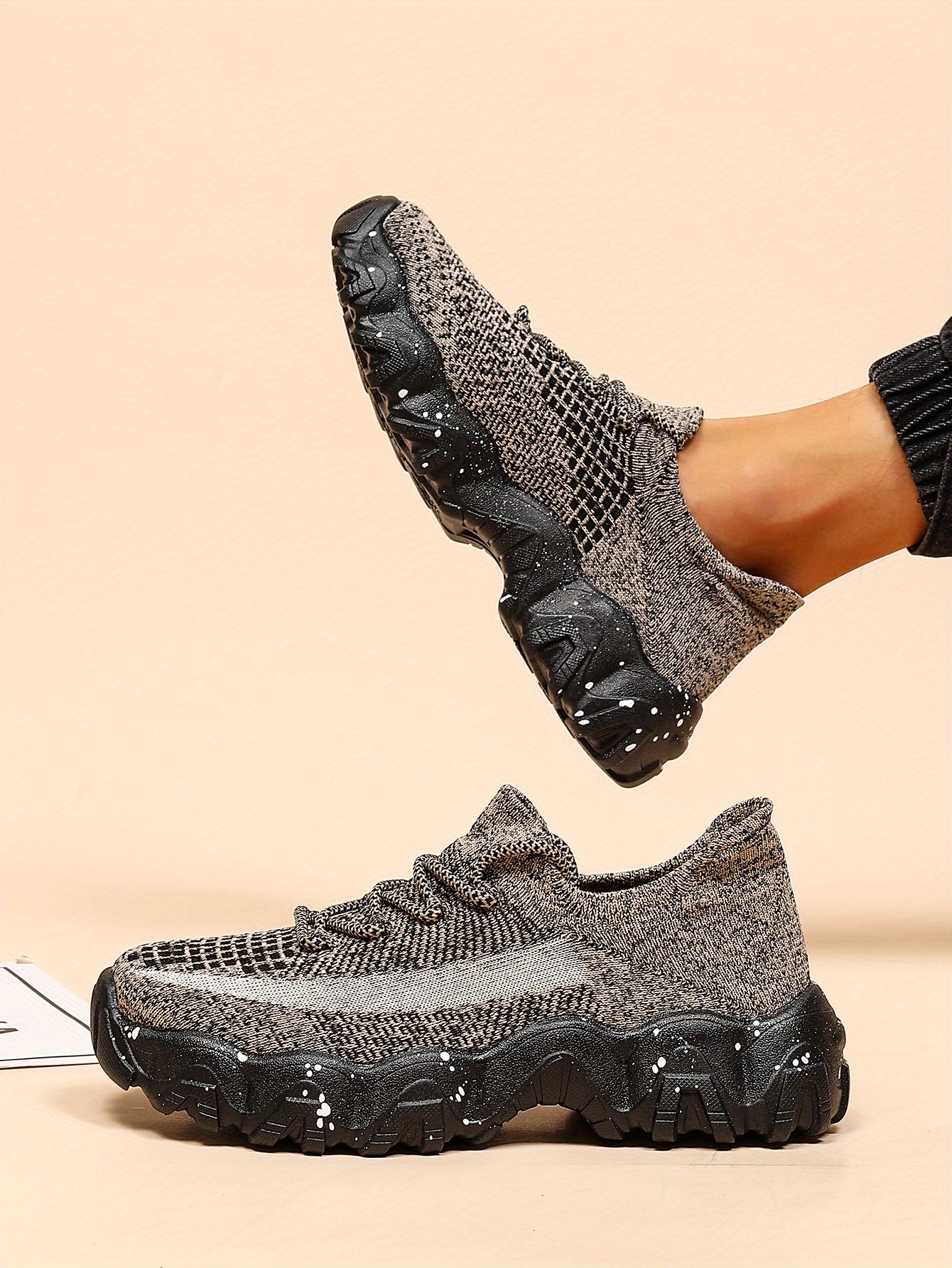 Men's Casual Sneakers - Geometric Pattern, Breathable Knit Upper, Lace-Up Closure, Durable Rubber Sole, Comfortable Fabric Lining for Spring Sports & Casual Attire, Athletic Footwear | Geometric Pattern Shoes | Knit Construct