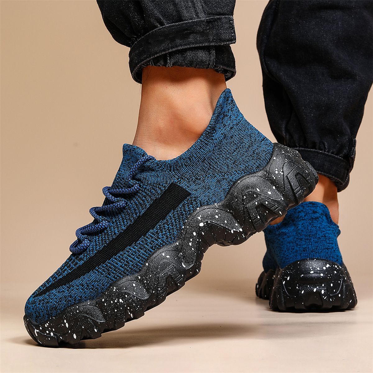 Men's Casual Sneakers - Geometric Pattern, Breathable Knit Upper, Lace-Up Closure, Durable Rubber Sole, Comfortable Fabric Lining for Spring Sports & Casual Attire, Athletic Footwear | Geometric Pattern Shoes | Knit Construct