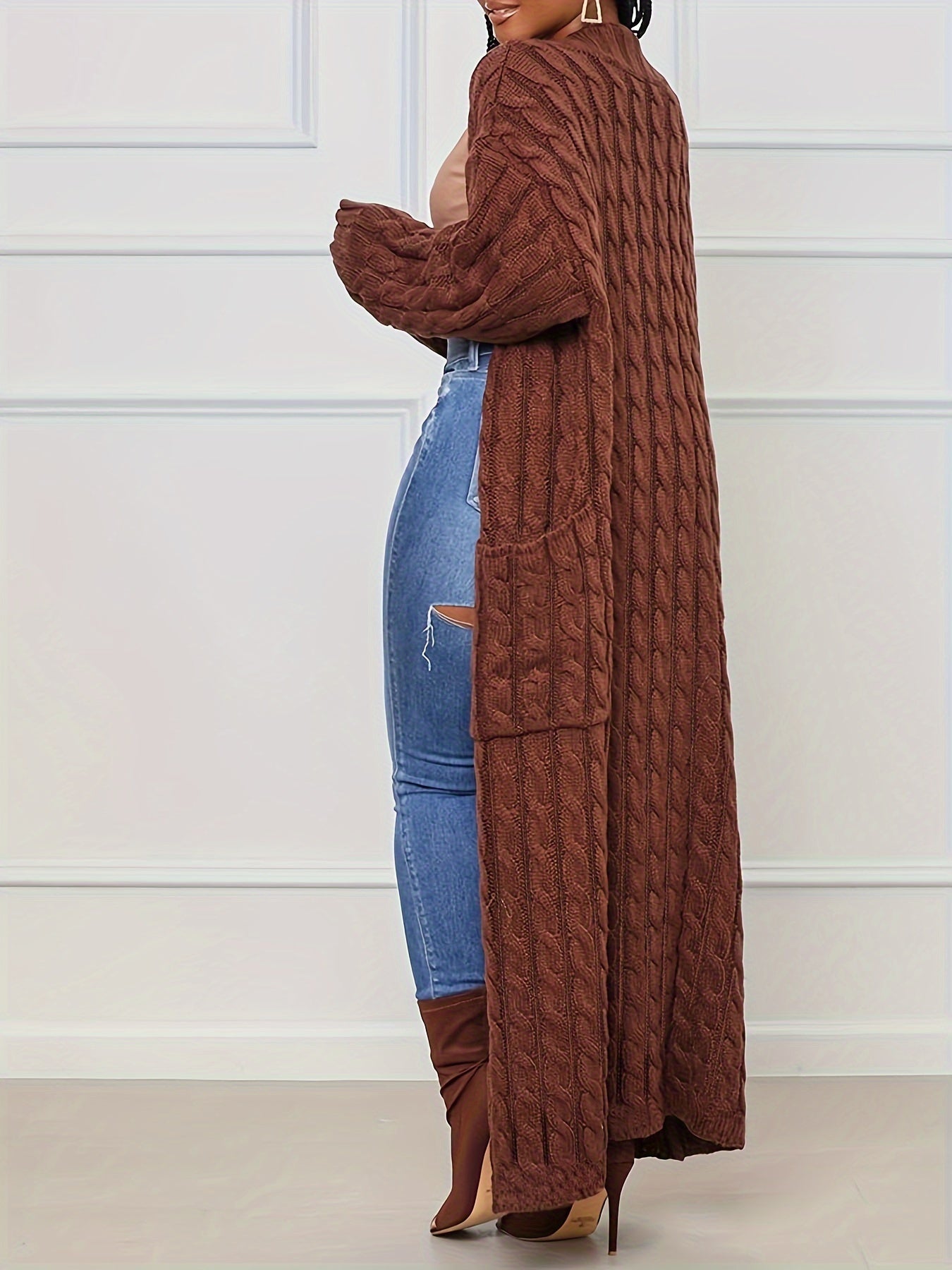 [Elegant Brown Cardigan] Plus Size Women's Elegant Long Sleeve Cardigan | Oversized Solid Brown Sweater with Contrast Collar | Thick & Comfortable Fall/Winter Layering Piece | 2022 Autumn Winter Apparel | Construction, Sweate