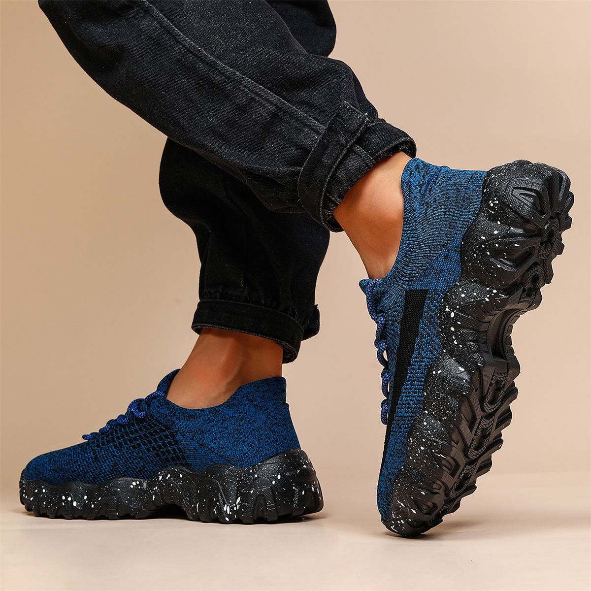 Men's Casual Sneakers - Geometric Pattern, Breathable Knit Upper, Lace-Up Closure, Durable Rubber Sole, Comfortable Fabric Lining for Spring Sports & Casual Attire, Athletic Footwear | Geometric Pattern Shoes | Knit Construct