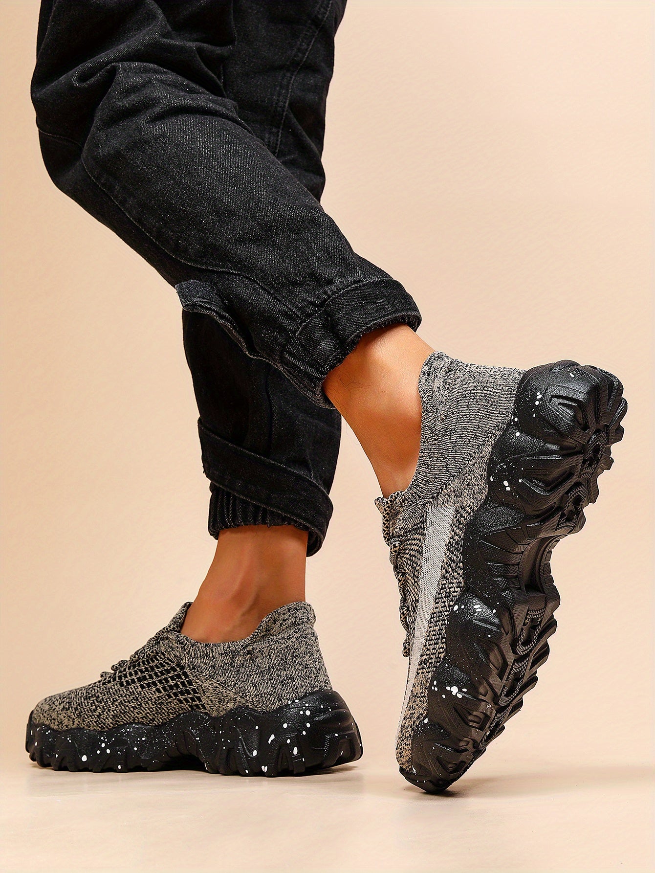 Men's Casual Sneakers - Geometric Pattern, Breathable Knit Upper, Lace-Up Closure, Durable Rubber Sole, Comfortable Fabric Lining for Spring Sports & Casual Attire, Athletic Footwear | Geometric Pattern Shoes | Knit Construct