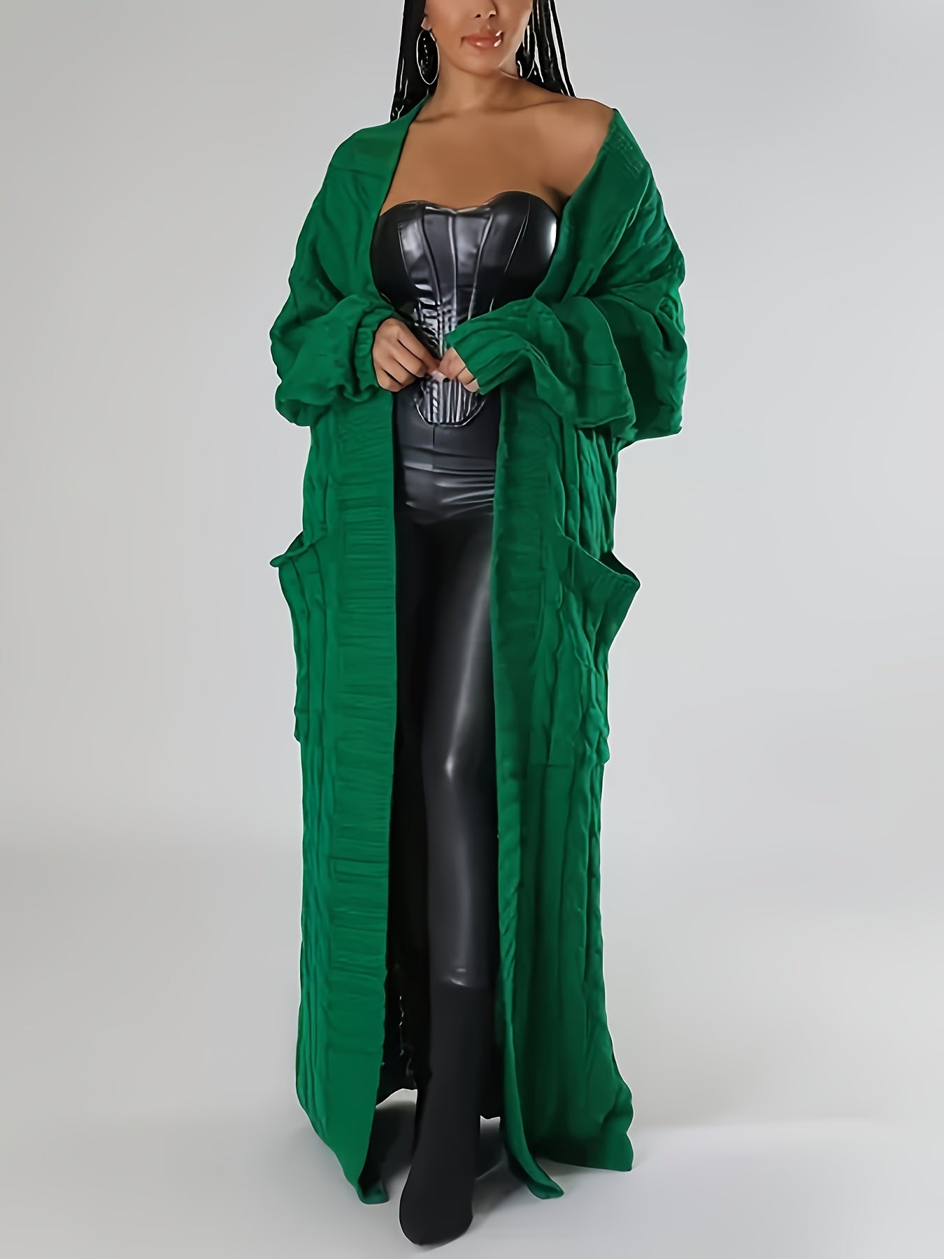 [Elegant Brown Cardigan] Plus Size Women's Elegant Long Sleeve Cardigan | Oversized Solid Brown Sweater with Contrast Collar | Thick & Comfortable Fall/Winter Layering Piece | 2022 Autumn Winter Apparel | Construction, Sweate