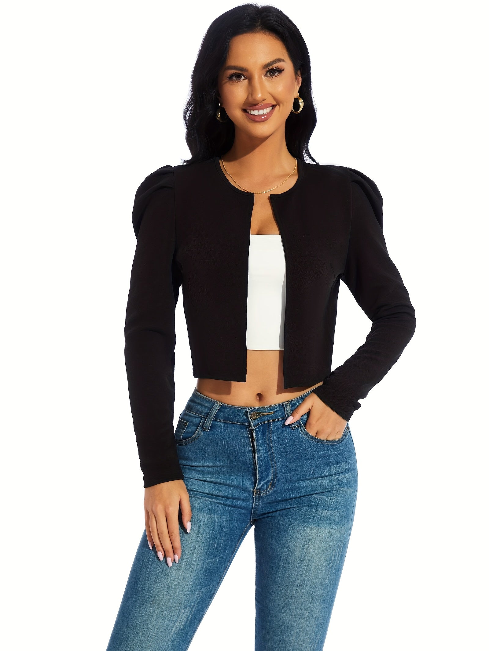Gigot Sleeve Open Front Crop Jacket, Solid Casual Short Jacket, Women's Clothing
