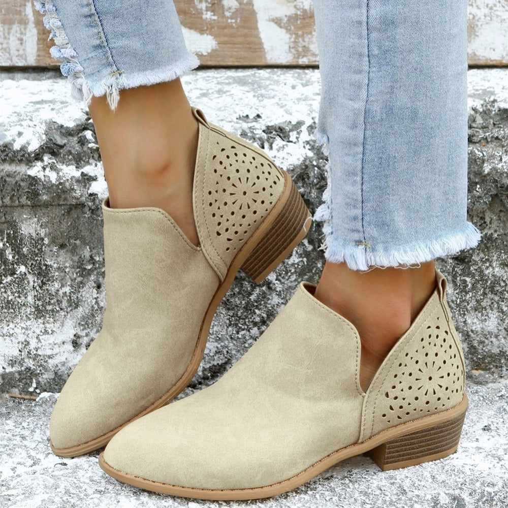 Women's Ankle V Cut Short Boots, Hollow Out Chunky Heel Pointed Toe Shoes, Women's Footwear