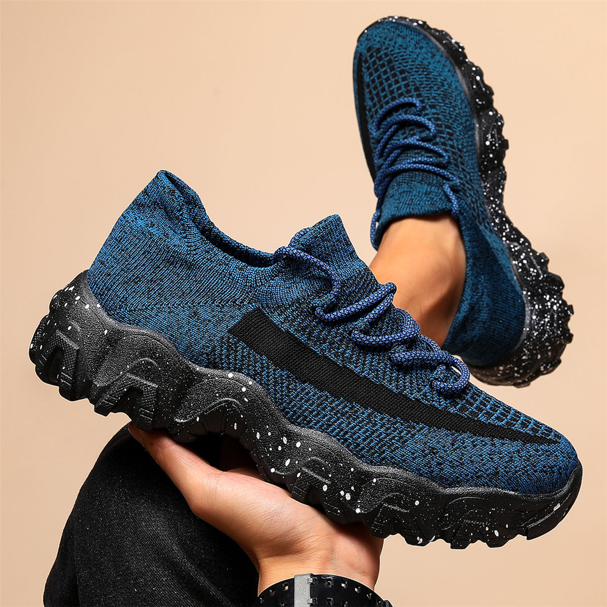 Men's Casual Sneakers - Geometric Pattern, Breathable Knit Upper, Lace-Up Closure, Durable Rubber Sole, Comfortable Fabric Lining for Spring Sports & Casual Attire, Athletic Footwear | Geometric Pattern Shoes | Knit Construct