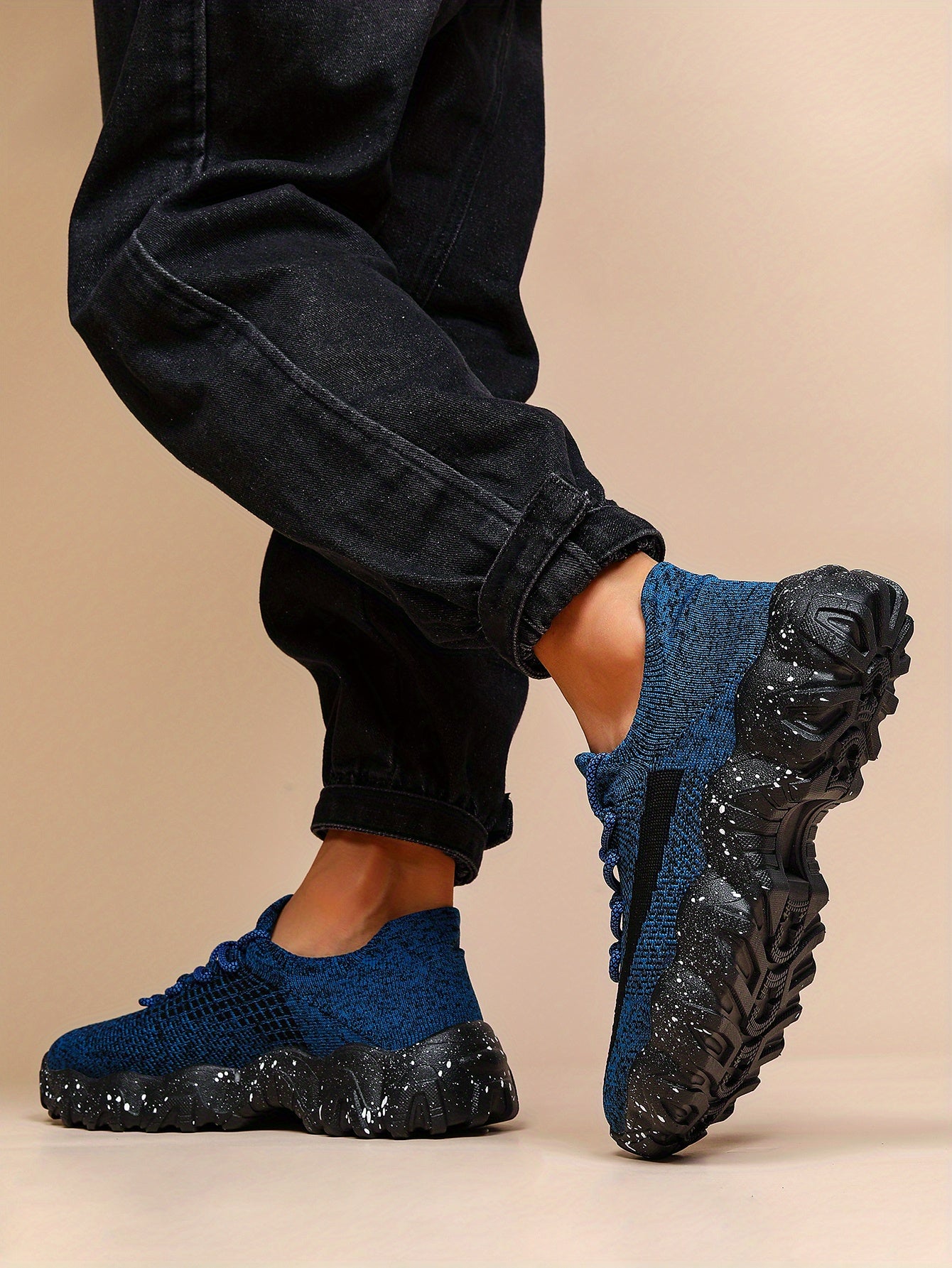 Men's Casual Sneakers - Geometric Pattern, Breathable Knit Upper, Lace-Up Closure, Durable Rubber Sole, Comfortable Fabric Lining for Spring Sports & Casual Attire, Athletic Footwear | Geometric Pattern Shoes | Knit Construct