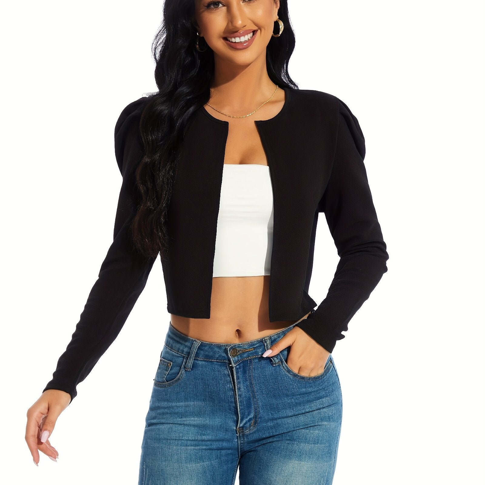 Gigot Sleeve Open Front Crop Jacket, Solid Casual Short Jacket, Women's Clothing