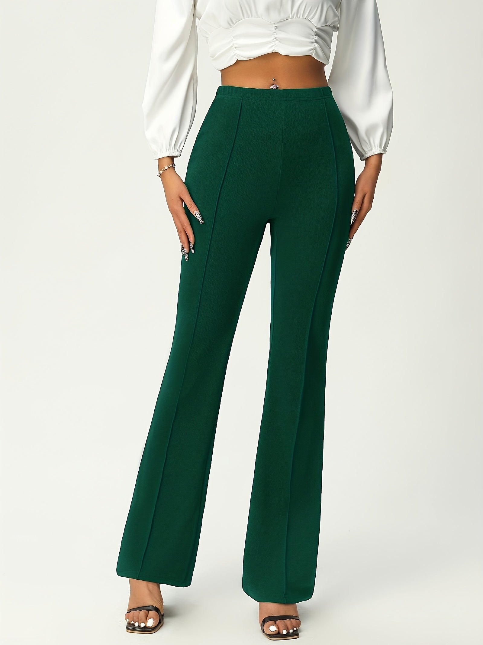 [Vibrant Flare Pants] Vibrant Blue Women's High-Waist Flare Pants | Elastic Waist, Wide-Leg Design, Comfortable Fashion, Perfect for Casual Outings - Flared Leg Pants