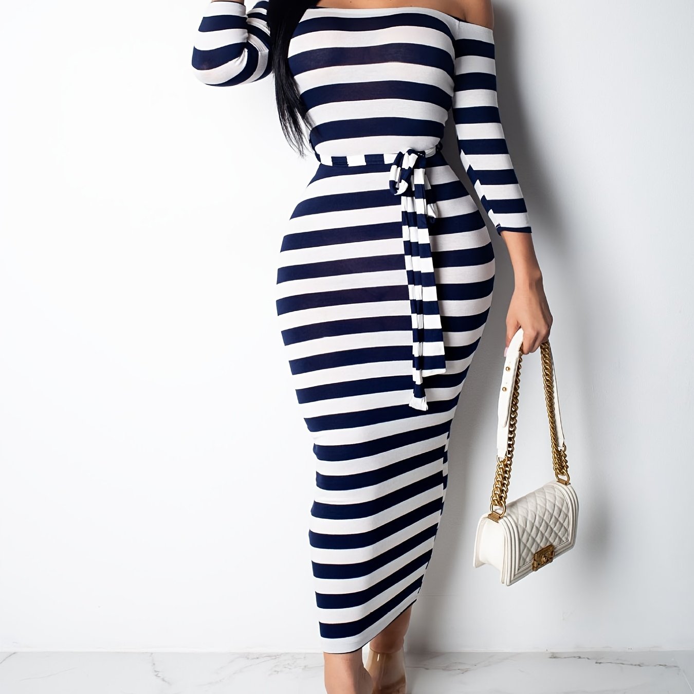 [Off Shoulder Striped Dress] Stretchy Off Shoulder Striped Dress - Casual Long Sleeve Every Day Dress for Women