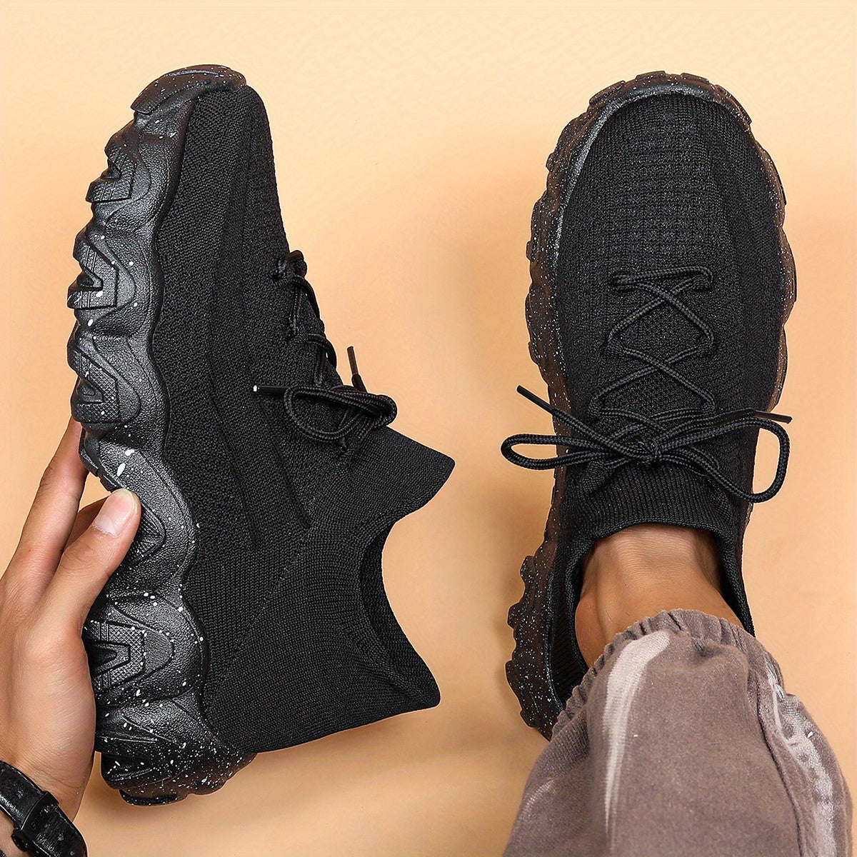 Men's Casual Sneakers - Geometric Pattern, Breathable Knit Upper, Lace-Up Closure, Durable Rubber Sole, Comfortable Fabric Lining for Spring Sports & Casual Attire, Athletic Footwear | Geometric Pattern Shoes | Knit Construct