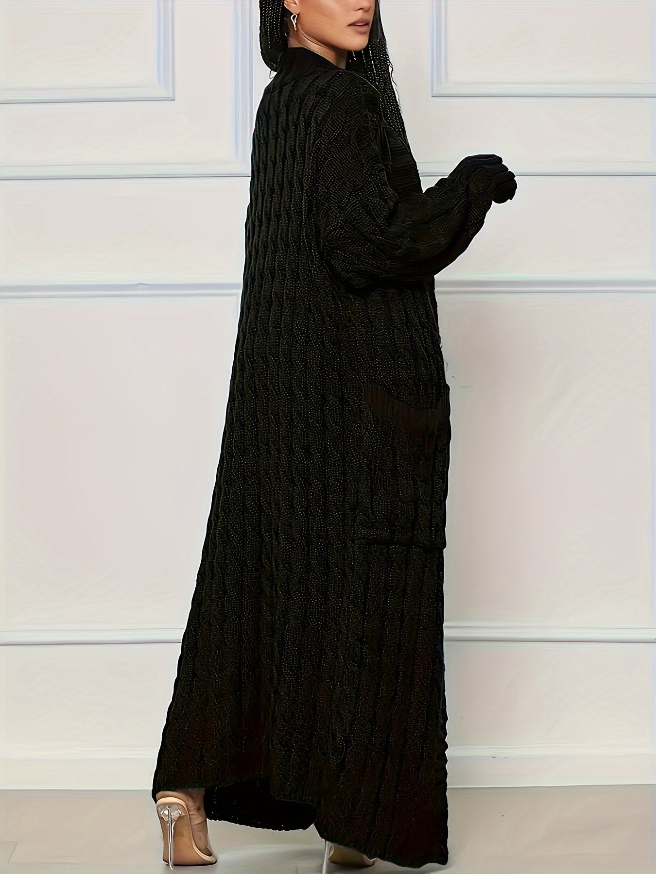 [Elegant Brown Cardigan] Plus Size Women's Elegant Long Sleeve Cardigan | Oversized Solid Brown Sweater with Contrast Collar | Thick & Comfortable Fall/Winter Layering Piece | 2022 Autumn Winter Apparel | Construction, Sweate