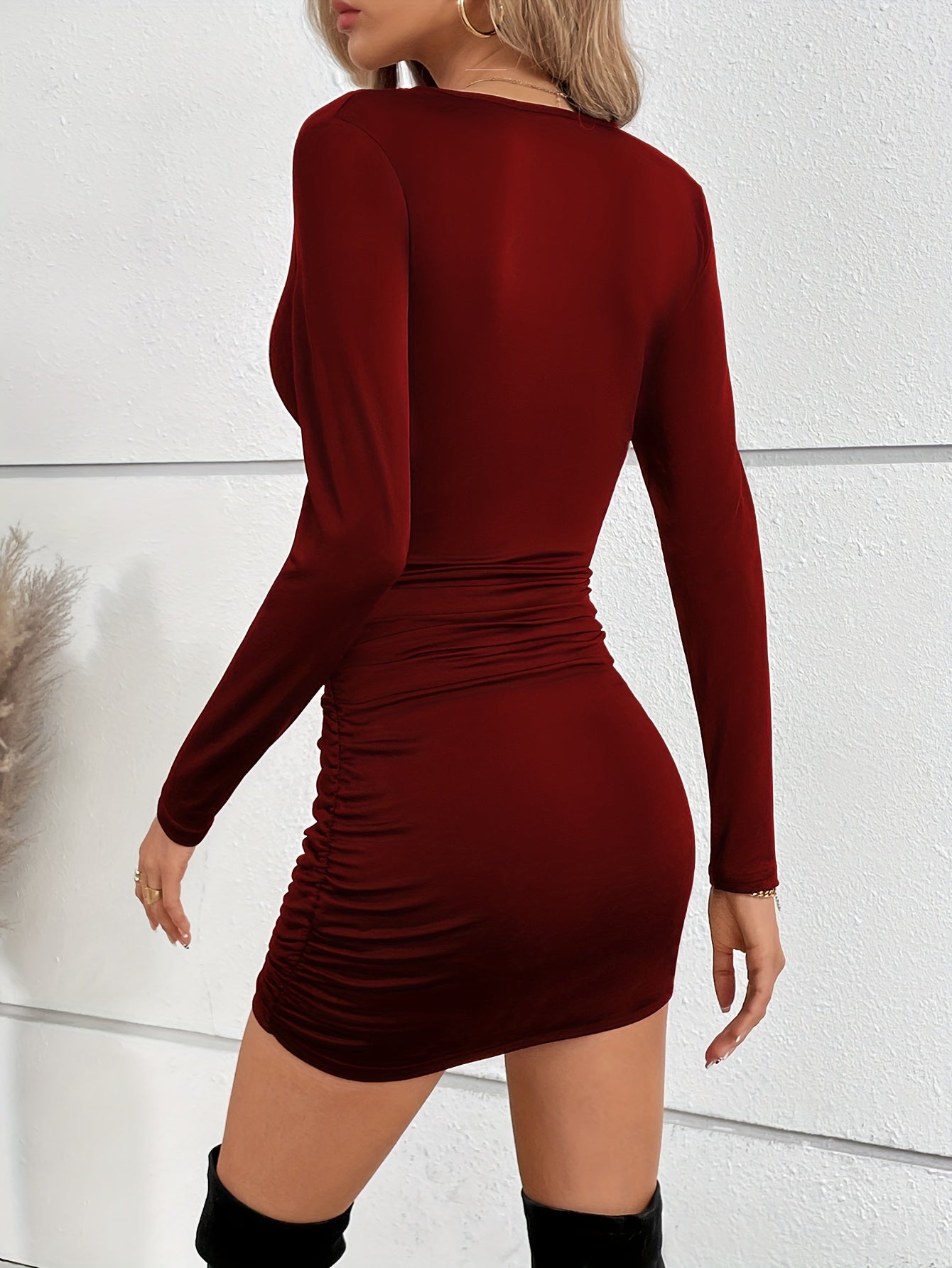 Ladies Sexy Ruched Ruffle Skinny Dresses, Sexy Solid Stretchy Long Sleeve V Neck Dresses, Women's Clothing