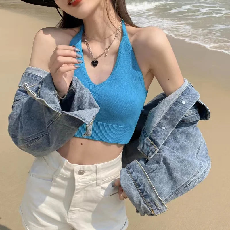 HELIAR Women V-Neck Sexy Tops Cross Halter Tops Knitted Y2K Tops Women Solid Crop Tops Women Camis INS Hot Tops 2025 Summer