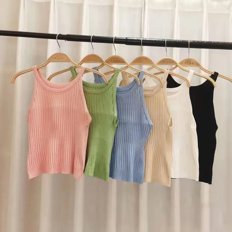 HELIAR Women Plain Halter Tops Knitted Off Shoulder Y2K Tops Camis Sexy Crop Tops Women Tank Tops 2025 Summer
