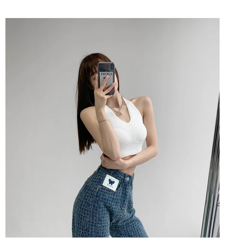 HELIAR Women V-Neck Sexy Tops Cross Halter Tops Knitted Y2K Tops Women Solid Crop Tops Women Camis INS Hot Tops 2025 Summer