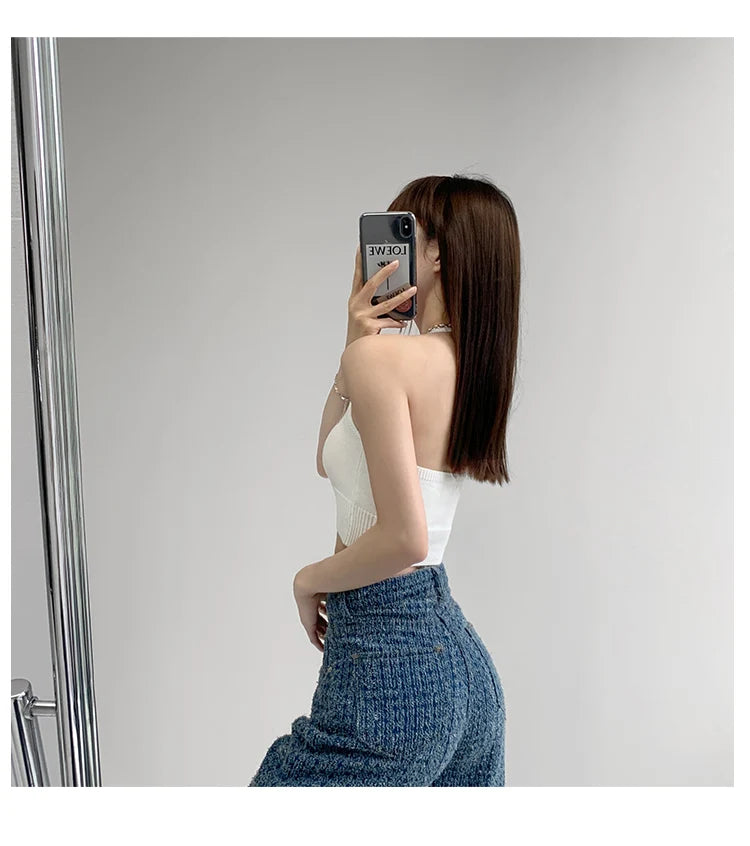 HELIAR Women V-Neck Sexy Tops Cross Halter Tops Knitted Y2K Tops Women Solid Crop Tops Women Camis INS Hot Tops 2025 Summer