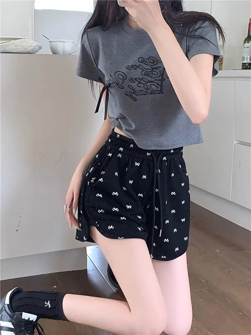 Shorts for Women Black Print Kawaii Short Pants Woman Elastic Waist Wide Cute Elasticty Harajuku Fashion Flowy Wholesale Elegant