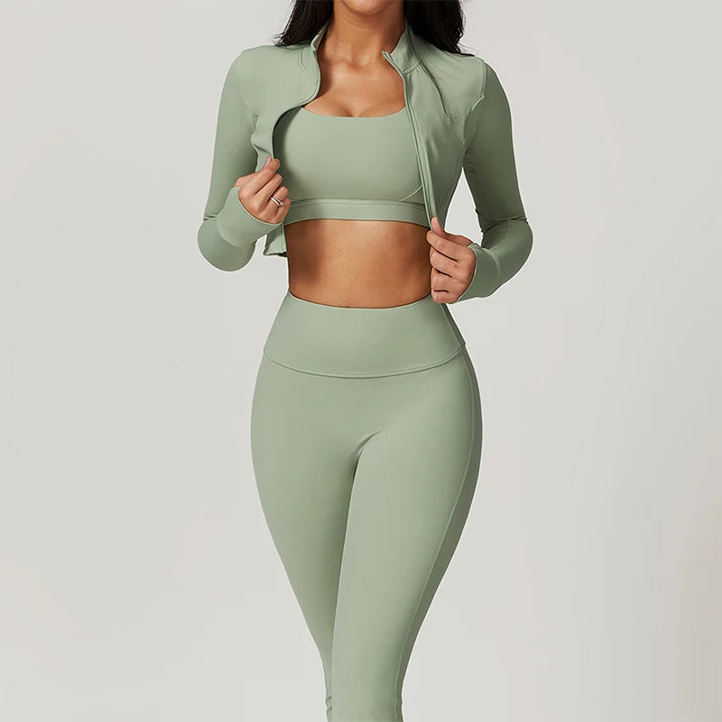 Workout Outfit Active Wear 3 Pieces Workout Clothes For Women Sports Bra High Waist Gym Leggings Long-Sleeved Fitness Sportswear