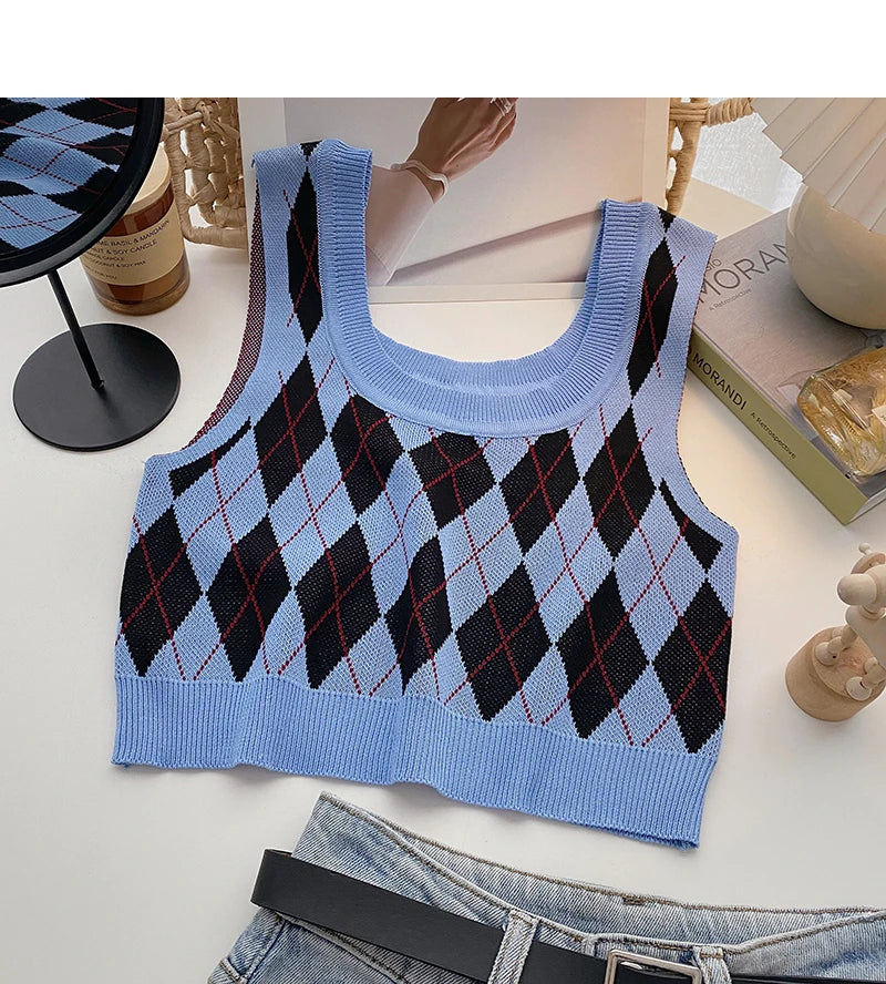 HELIAR Women Plaid Tank Tops Backless Cute Camis Female Crop Tops Knitted Tops Women Crop Tank Tops 2025 Summer