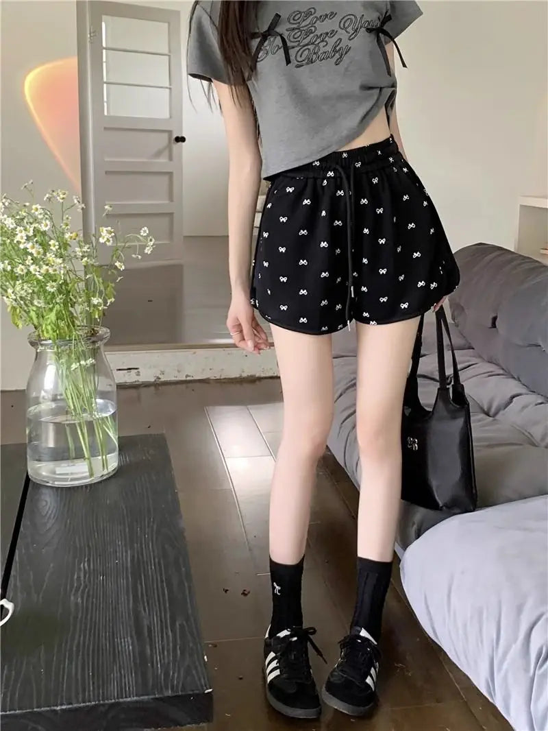 Shorts for Women Black Print Kawaii Short Pants Woman Elastic Waist Wide Cute Elasticty Harajuku Fashion Flowy Wholesale Elegant