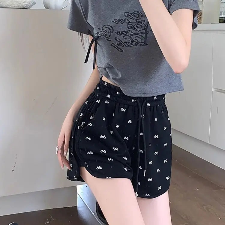 Shorts for Women Black Print Kawaii Short Pants Woman Elastic Waist Wide Cute Elasticty Harajuku Fashion Flowy Wholesale Elegant