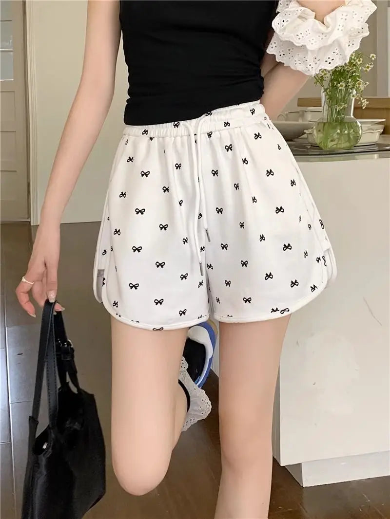 Shorts for Women Black Print Kawaii Short Pants Woman Elastic Waist Wide Cute Elasticty Harajuku Fashion Flowy Wholesale Elegant