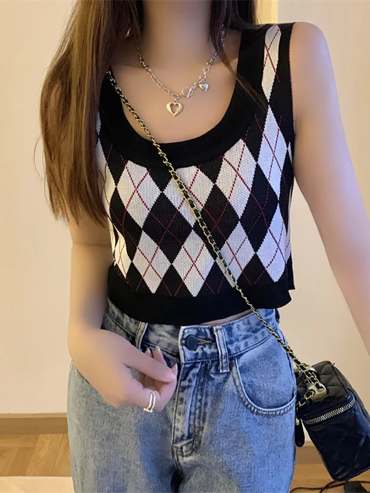 HELIAR Women Plaid Tank Tops Backless Cute Camis Female Crop Tops Knitted Tops Women Crop Tank Tops 2025 Summer