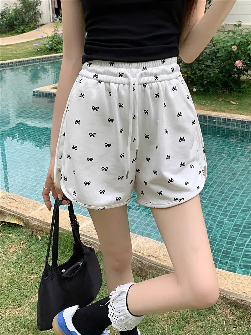 Shorts for Women Black Print Kawaii Short Pants Woman Elastic Waist Wide Cute Elasticty Harajuku Fashion Flowy Wholesale Elegant