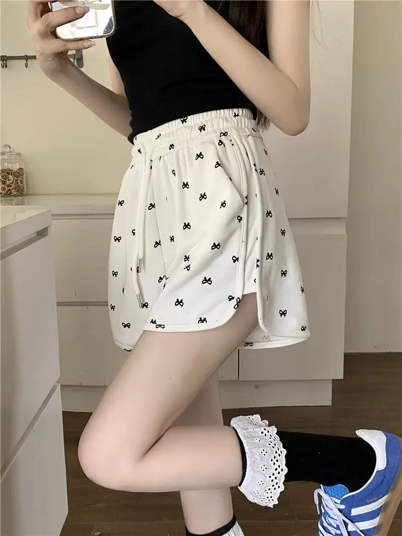 Shorts for Women Black Print Kawaii Short Pants Woman Elastic Waist Wide Cute Elasticty Harajuku Fashion Flowy Wholesale Elegant