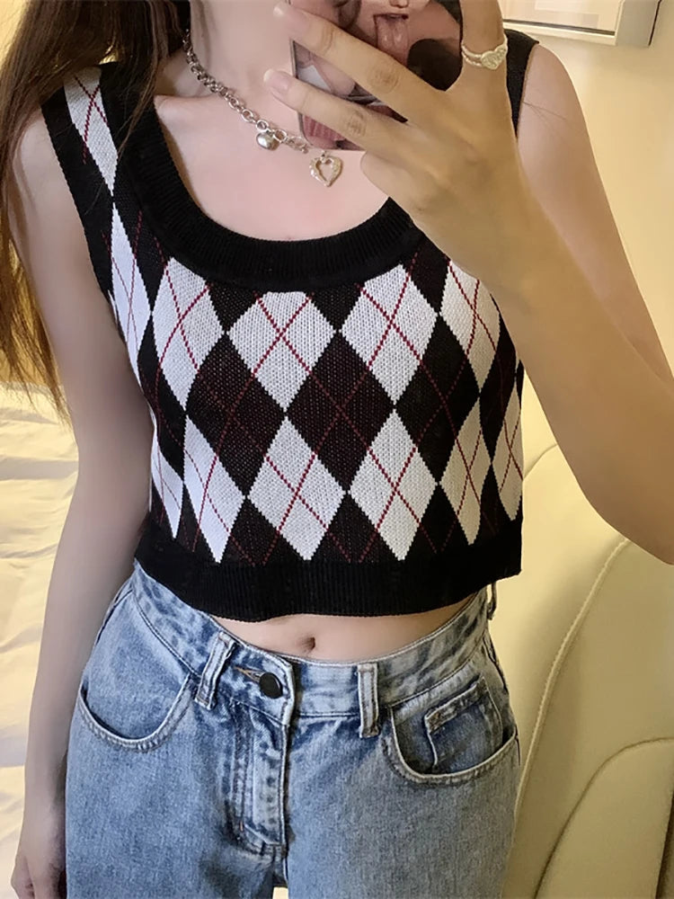 HELIAR Women Plaid Tank Tops Backless Cute Camis Female Crop Tops Knitted Tops Women Crop Tank Tops 2025 Summer