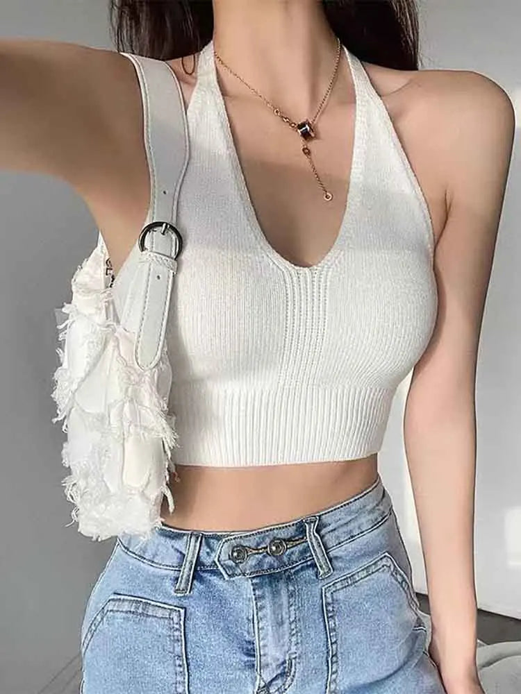 HELIAR Women V-Neck Sexy Tops Cross Halter Tops Knitted Y2K Tops Women Solid Crop Tops Women Camis INS Hot Tops 2025 Summer