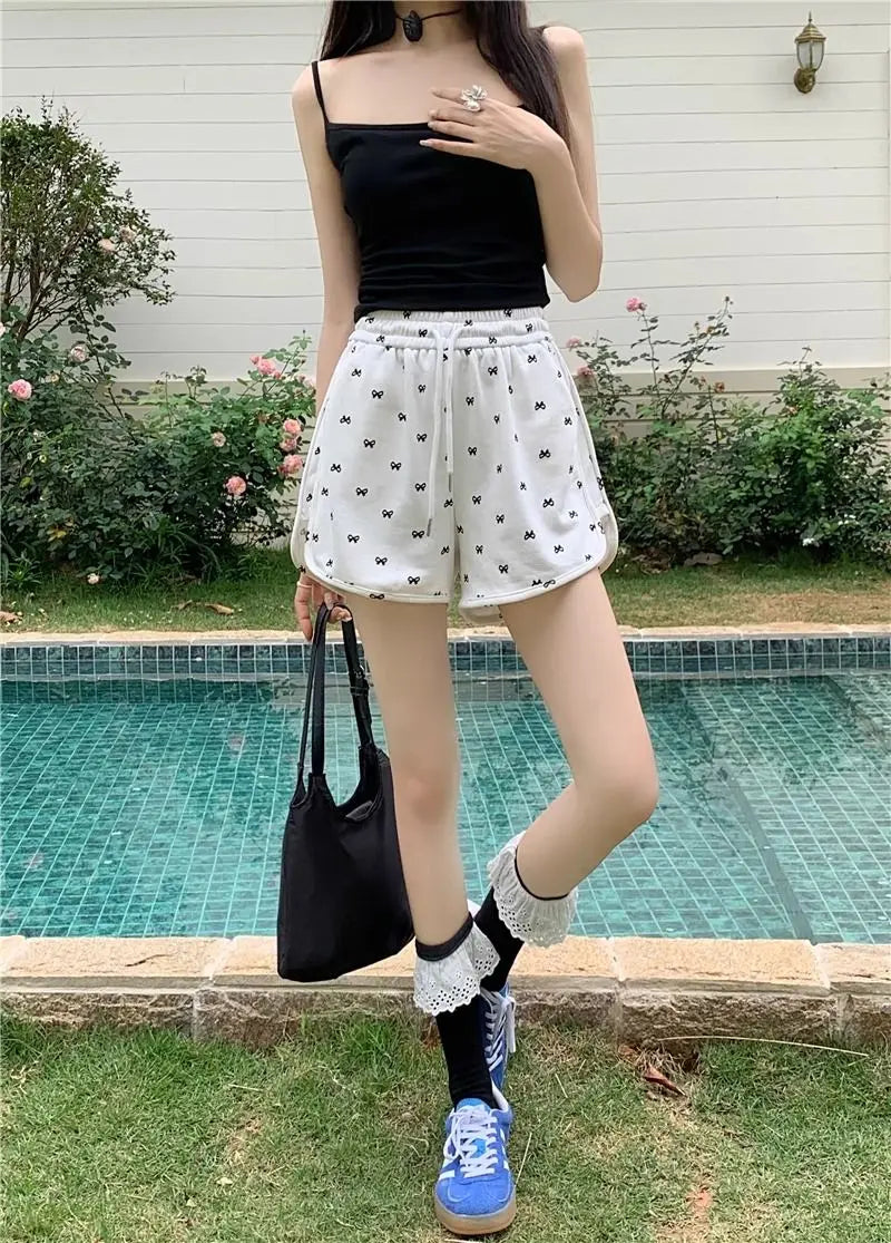 Shorts for Women Black Print Kawaii Short Pants Woman Elastic Waist Wide Cute Elasticty Harajuku Fashion Flowy Wholesale Elegant