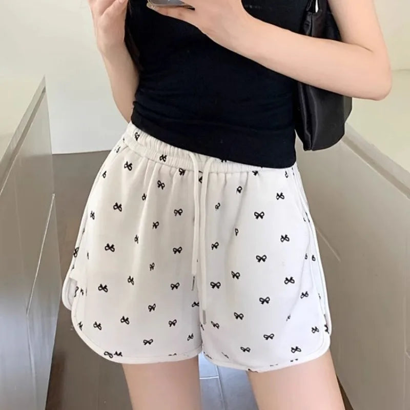 Shorts for Women Black Print Kawaii Short Pants Woman Elastic Waist Wide Cute Elasticty Harajuku Fashion Flowy Wholesale Elegant