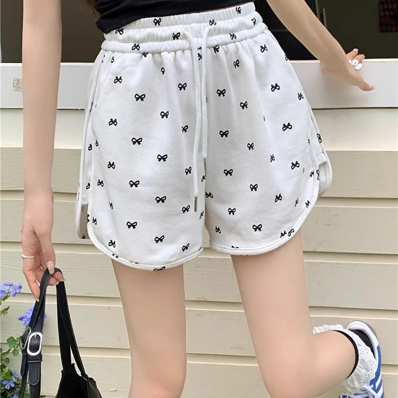 Shorts for Women Black Print Kawaii Short Pants Woman Elastic Waist Wide Cute Elasticty Harajuku Fashion Flowy Wholesale Elegant