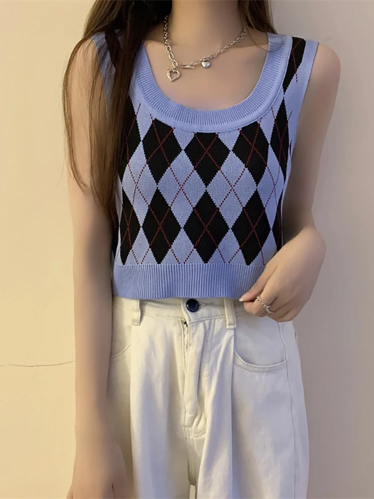 HELIAR Women Plaid Tank Tops Backless Cute Camis Female Crop Tops Knitted Tops Women Crop Tank Tops 2025 Summer