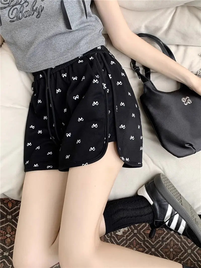 Shorts for Women Black Print Kawaii Short Pants Woman Elastic Waist Wide Cute Elasticty Harajuku Fashion Flowy Wholesale Elegant
