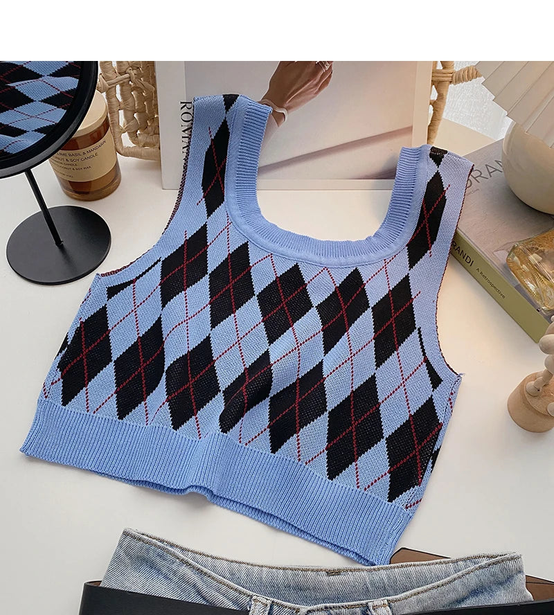 HELIAR Women Plaid Tank Tops Backless Cute Camis Female Crop Tops Knitted Tops Women Crop Tank Tops 2025 Summer